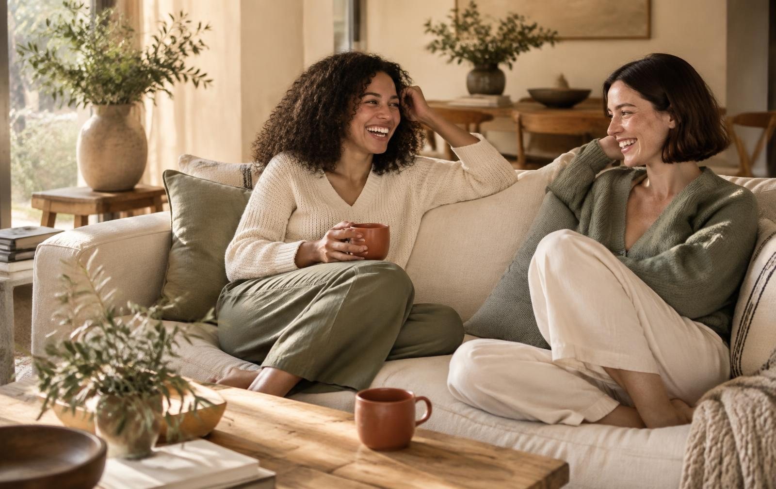 Deux amies partageant un moment de détente sur le canapé